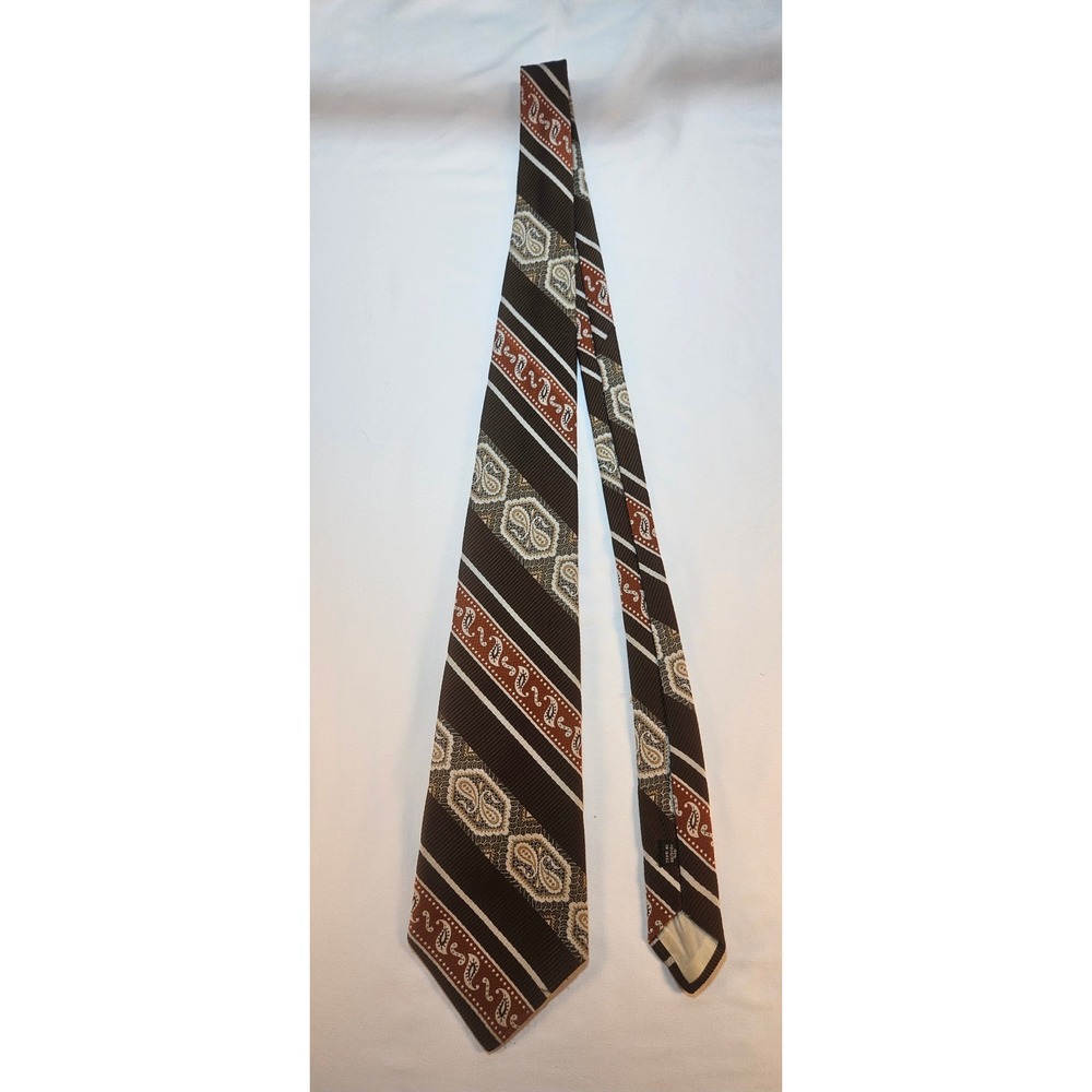 Vintage Andhurst Mens Brown Rust Paisley Striped Polyester Necktie 70s Retro